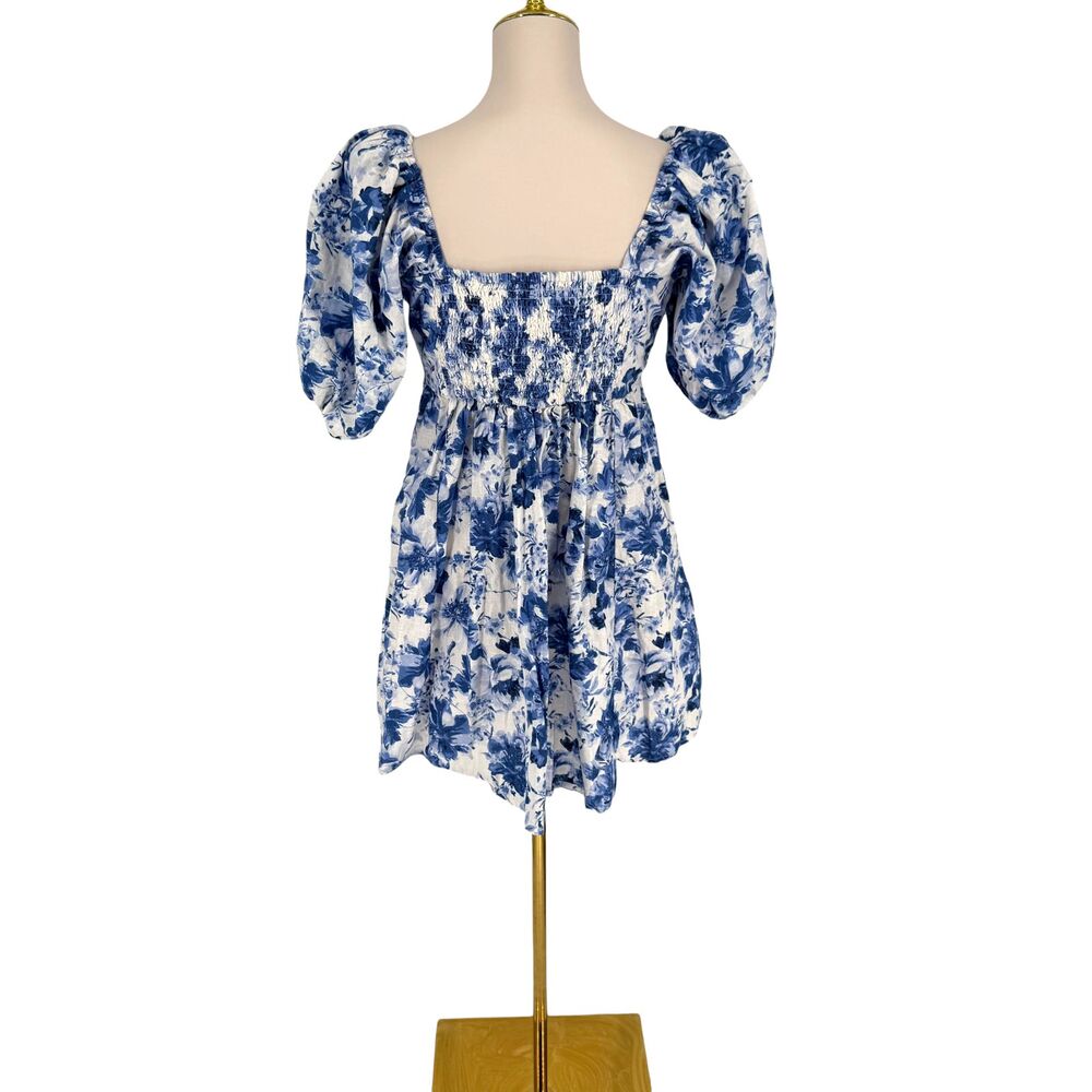Abercrombie Emerson Mini Dress LP Petite Blue Floral Puff Sleeve Linen Pockets - Picture 9 of 13